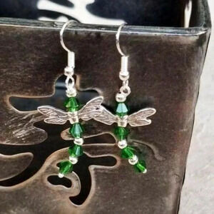 Silver Green Dragonfly Glass Earrings Handmade